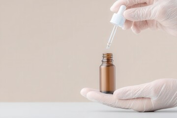 Serum Bottle and Dropper for Health and Beauty: a gloved hand holds a bottle ready for a droplet of serum