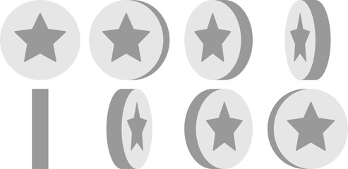Basic 8-frame Rotating Silver Coin Sprite Sheet with Star for Sprite Animation in Games and App UI. Vector Image.