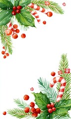 Christmas watercolor border with pine branches, holly berries, snowflakes and candy canes, festive winter theme, white background, elegant holiday design