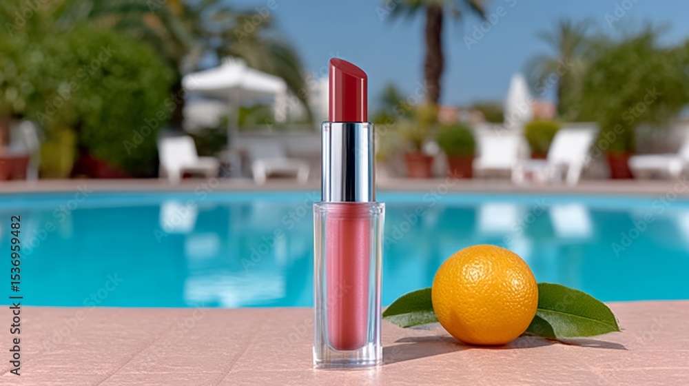 Poster red lipstick is sitting on a table next to an orange. the scene is set in a pool area with chairs an
