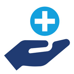 Obraz premium A stylized blue hand icon holds a blue circle containing a white cross, resembling a health or medical symbol. 