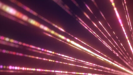 Obraz premium Radiant lines of colorful light stretch into the distance on a dark background, creating a dynamic abstract motion effect