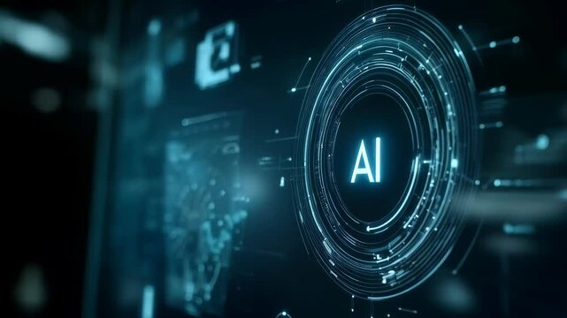 Digital display with AI concept icon and network connections. Artificial intelligence interface visualization for data analysis and innovation technology video footage. - Powered by Adobe