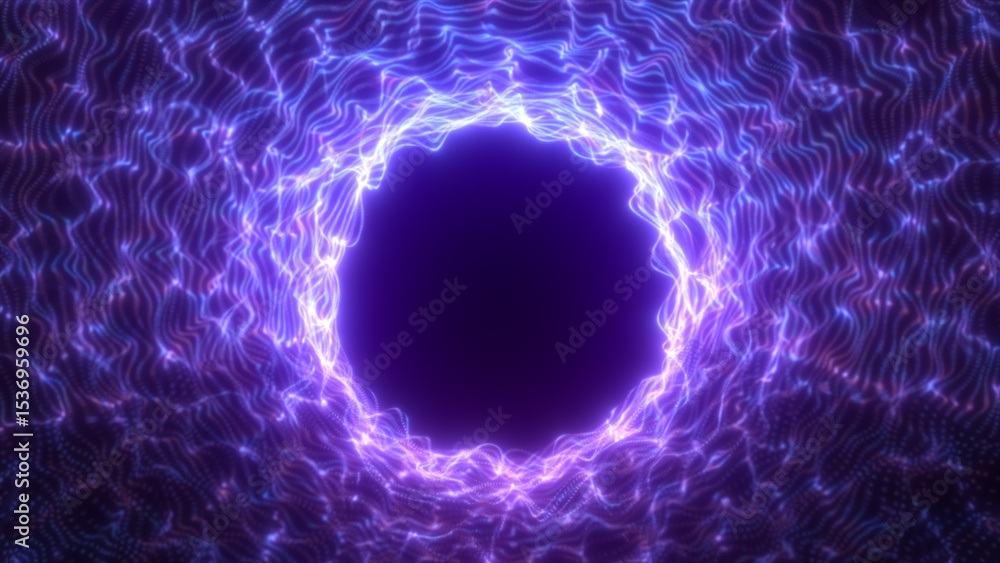 Poster centrally framed purple light vortex with glowing waveforms radiating outward in a symmetrical abstr