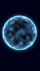 Brightly illuminated blue energy sphere in dark space, glowing edges with intricate surface texture and corona-like effects