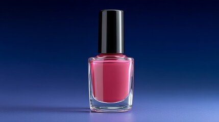 Bottle of nail polish is sitting on a blue surface. The bottle is clear and has a pink color