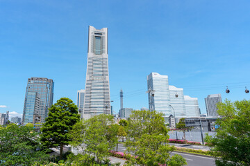 Yokohama Landmark Tower and Urban Ropeway over Waterfront, Japan