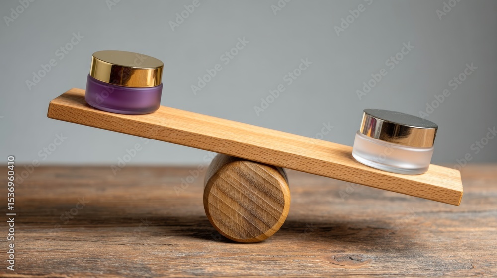 Aufkleber two jars of different colors are balanced on a wooden scale. the jars are of different sizes and sha