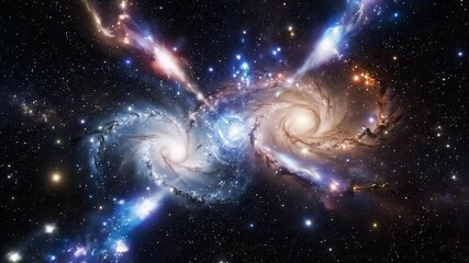 Galaxies colliding in deep space with glowing jets and colorful star formations, cosmic explosion
- Powered by Adobe