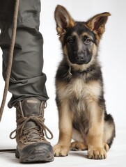 A dog sitting next to a person ' s boots