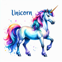 Colorful cartoon drawing of a unicorn, white backdrop. AI