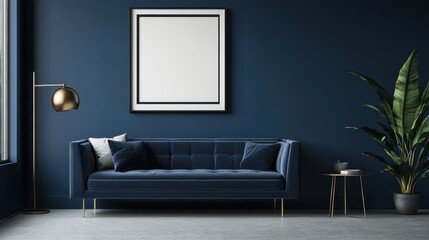 Luxurious living room with a plush blue sofa, minimalist art, and lush green plant