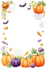 Halloween watercolor border with cute pumpkins, bats, candy and spider webs, fun and festive frame design, orange and purple theme