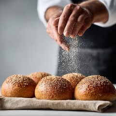 Baking fresh sesame buns chef sprinkles seeds homemade bread bakery gourmet food photography delicious