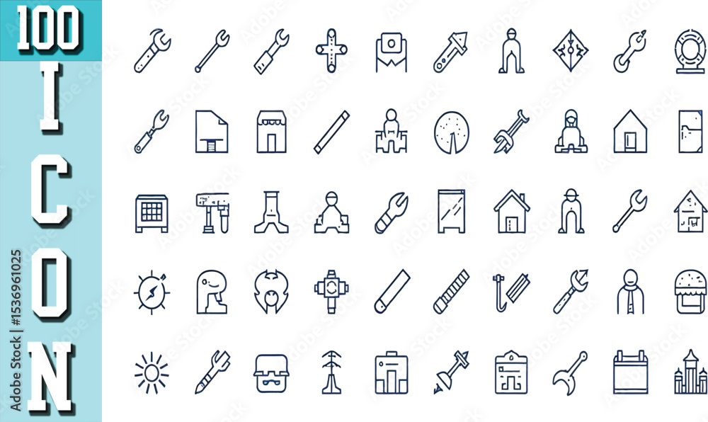 Poster collection of one hundred minimalist style icons representing diverse concepts and objects