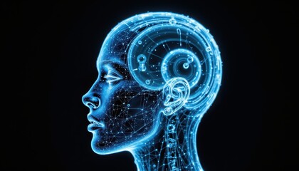 Illuminated brain within a woman's head, visual representation of intelligence, thought, and knowledge