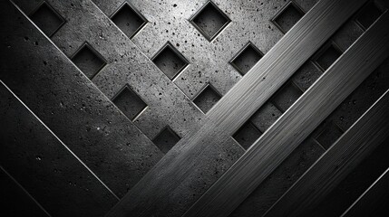 Laser-cut steel plate background with geometric negative space in gunmetal grey, industrial American design for tech brochure.