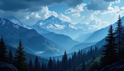 Fototapeta premium Breathtaking mountain range panorama with majestic pine trees and lush green slopes