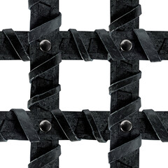 Isolated seamless 4k texture of black braided leather strap weave mesh grid with studs.