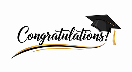 This high-quality image features the word "Congratulations!" in black with a decorative line outlined in gold and a black graduation cap with a gold tassel, suitable for vector use.