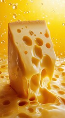 Cheese block melting on a vibrant yellow background with bubbles and a glossy texture