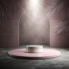 pink podium with black dark smoke background