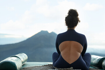 Beautiful woman enjoying picturesque view of mountains, back view. Space for text