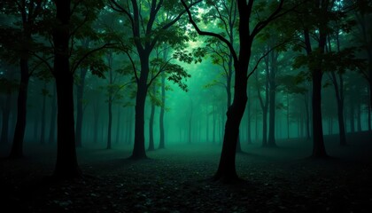 Fototapeta premium Mystical dark forest, fog, green leaves, and the enchanting beauty of nature misty