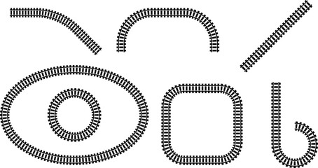 Railway train track vector route. Rail line, subway map, and railroad elements for game UI and graphic design icon set easy to edit. Rail pattern round circular curve railroad path icon