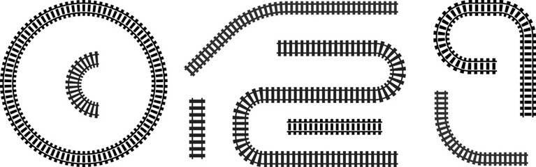 Railway train track vector route. Rail line, subway map, and railroad elements for game UI and graphic design icon set easy to edit. Rail pattern round circular curve railroad path icon