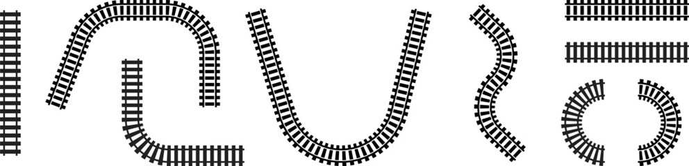 Railway train track vector route. Rail line, subway map, and railroad elements for game UI and graphic design icon set easy to edit. Rail pattern round circular curve railroad path icon