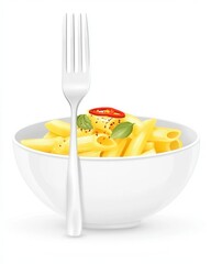 A delicious bowl of pasta with a fork, garnished with herbs and chili, on a white background