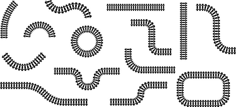 Railway train track vector route. Rail line, subway map, and railroad elements for game UI and graphic design icon set easy to edit. Rail pattern round circular curve railroad path icon