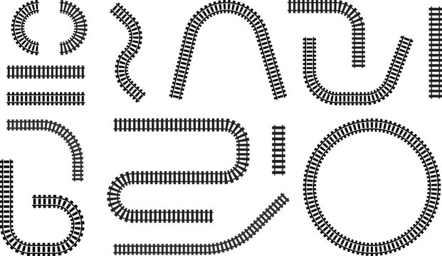 Railway train track vector route. Rail line, subway map, and railroad elements for game UI and graphic design icon set easy to edit. Rail pattern round circular curve railroad path icon