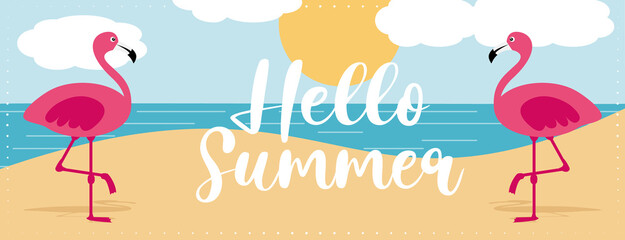 Colorful hello summer vacation banner with flamingos on the beach. Hand drawn illustration.