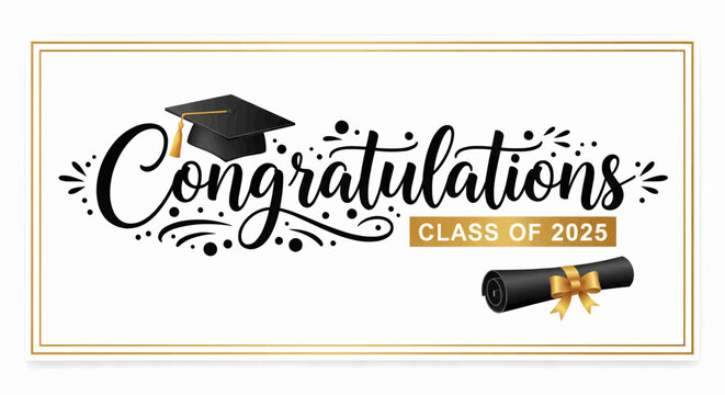 This vector-friendly image features a white banner with "Congratulations" in black script, a graduation cap, "CLASS OF 2025" in gold, a rolled diploma, and a gold border.