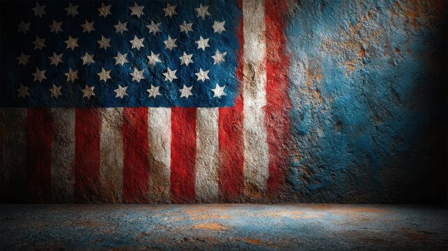 Vintage American flag mural on rustic wall depicting national pride and heritage in a worn environment