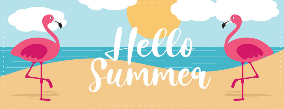 Colorful hello summer vacation banner with flamingos on the beach. Hand drawn vector illustration.