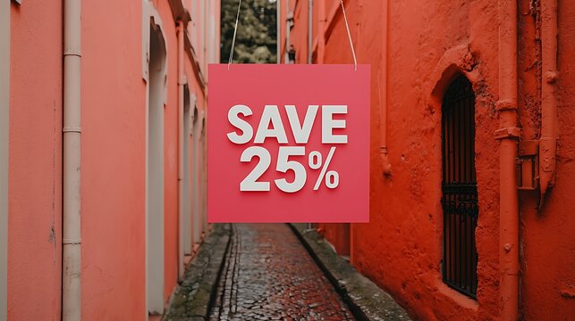 A red sign with "SAVE 25%" hangs in a narrow alleyway between orange and coral-colored buildings.
