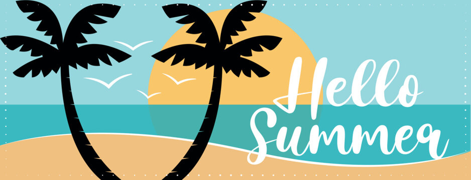 Colorful hello summer vacation banner with palm trees on the beach. Hand drawn vector illustration.