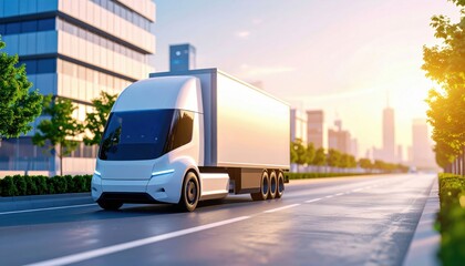 A sleek, futuristic electric semi-truck drives on a city street at sunset with modern skyscrapers and greenery along the road.