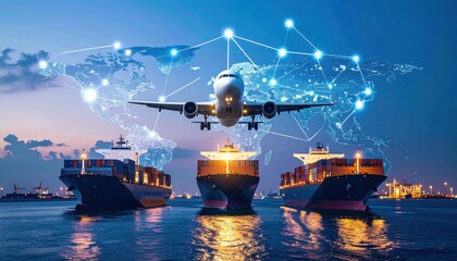 An airplane flies above three cargo ships at sunset, with a digital network map overlay representing global transportation connectivity.