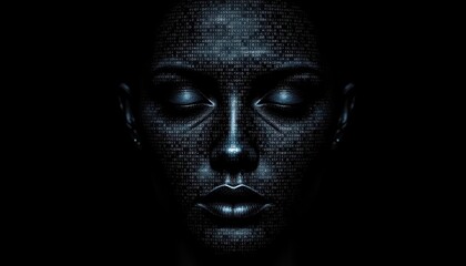 Human face merged with binary code, exploring the intersection of technology and identity in the digital age