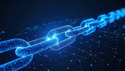 A glowing digital chain link representing blockchain technology and secure data connections on a futuristic network background.