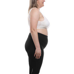 Weight loss. Plus size woman on white background, closeup