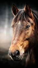 Majestic brown horse gazes attentively while surrounded by a misty background at dawn in a serene landscape