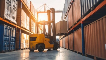 A yellow forklift lifts a shipping container in a busy, sunlit industrial port filled with stacked cargo containers.