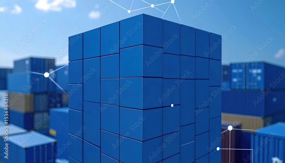 Aufkleber a 3d blue cube made of smaller cubes is connected by nodes, set against a background of shipping con