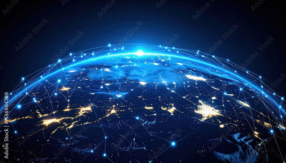 Poster a digital representation of earth at night with glowing city lights connected by a glowing network o