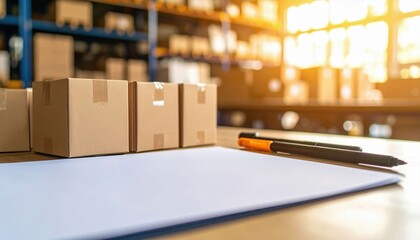 A workspace with cardboard boxes, a pen, and a sheet of paper, illuminated by warm sunlight from a window in the background.